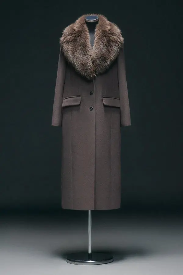 Wool Blend Fur Trim Collar Tailored Midi Coat - Mushroom