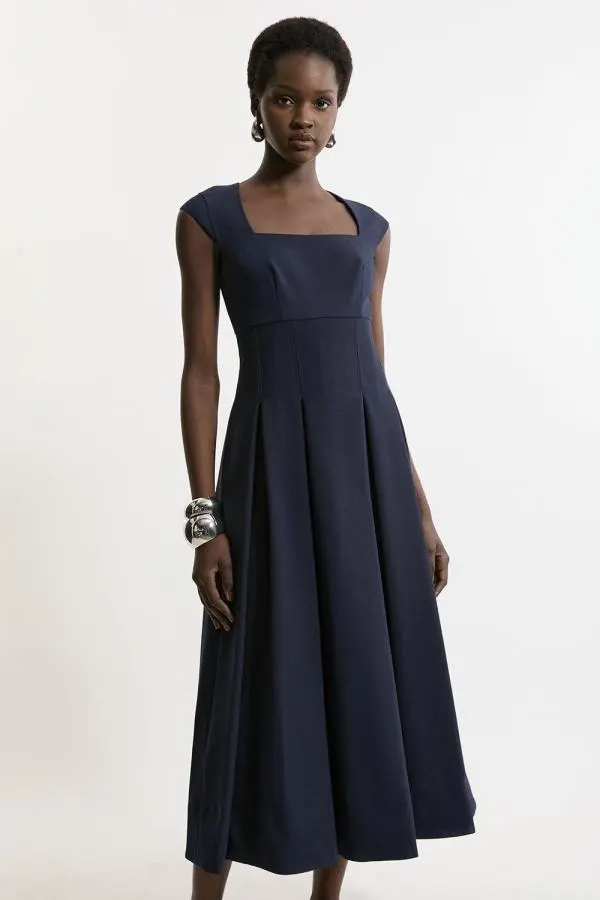 Petite Compact Stretch Clean Tailored Square Neck Full Skirted Midi Dress - Navy