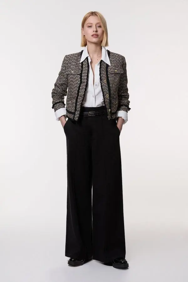 Denim Waistband Detail Wide Leg Trousers - Black