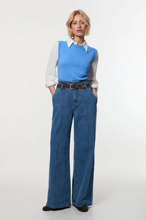 Denim Waistband Detail Wide Leg Trousers - Mid Blue