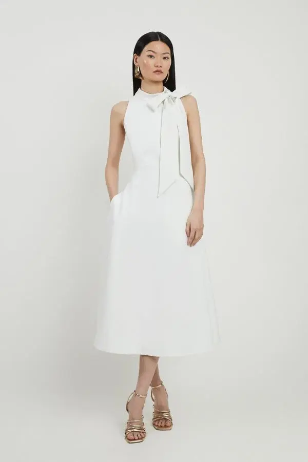 Petite Compact Stretch Bow Tie Neck Full Skirted Midi Dress - Ivory