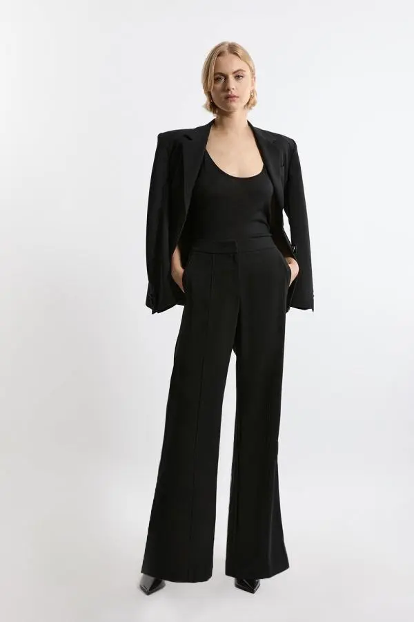 Tailored Crepe Seam Detail Straight Leg Trousers - Black