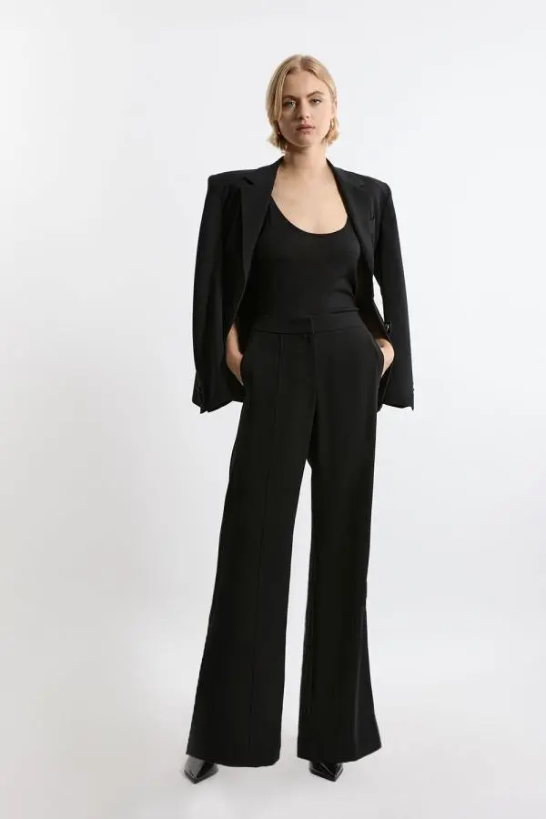 Tailored Crepe Seam Detail Straight Leg Trousers - Black