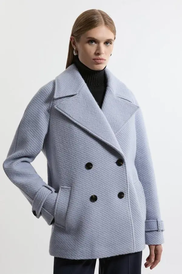 Textured Wool Blend Short Pea Coat - Pale Blue