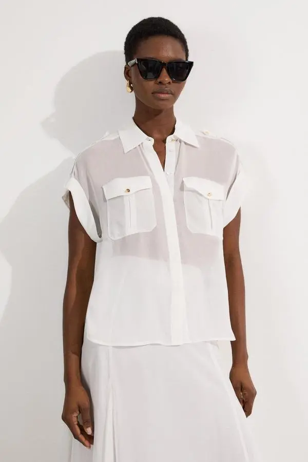 Sheer Viscose Georgette Woven Utility Blouse - Ivory