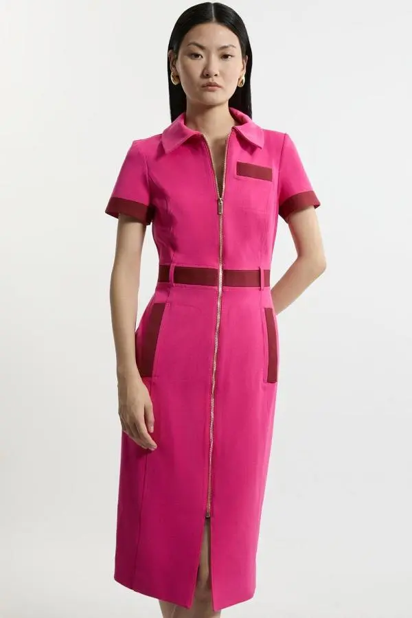 Compact Stretch Colourblock Grosgrain Zip Tailored Midi Dress - Pink