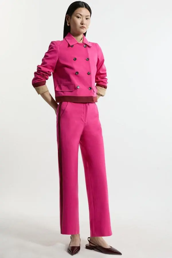 Compact Stretch Tailored High Waisted Slim Leg Trousers - Pink
