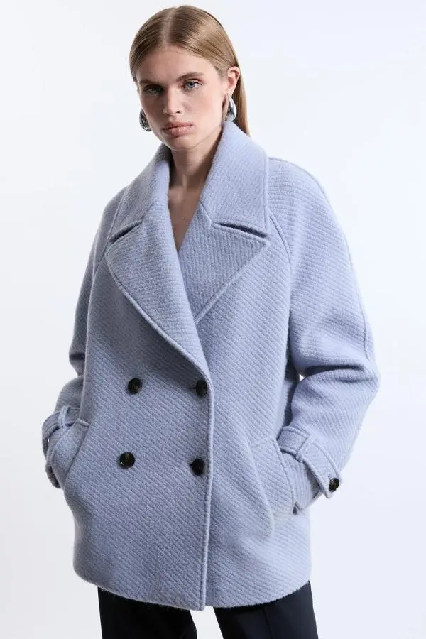Petite Textured Wool Blend Pea Coat - Pale Blue