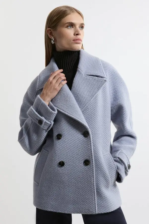 Petite Textured Wool Blend Pea Coat - Pale Blue