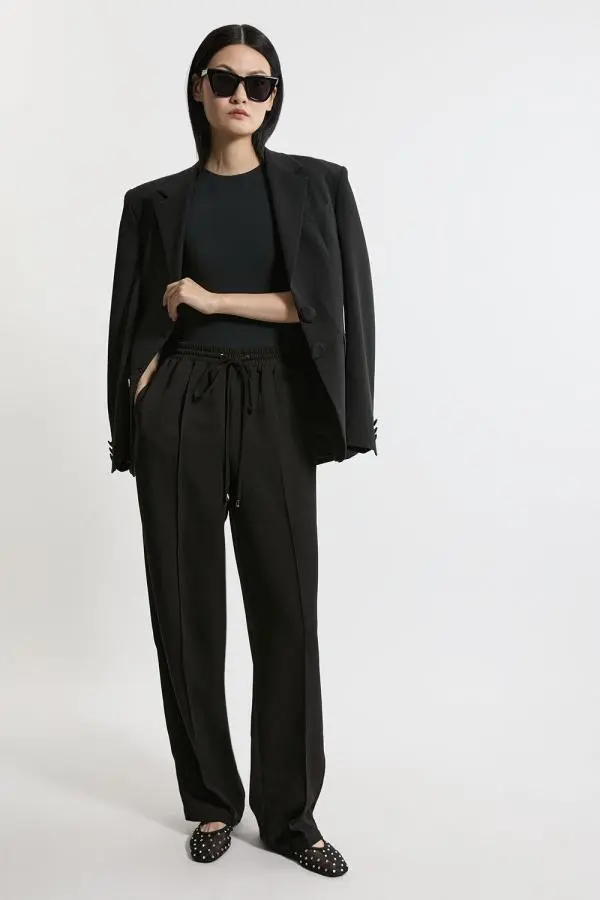 Twill Tie Waist Woven Straight Leg Trouser - Black