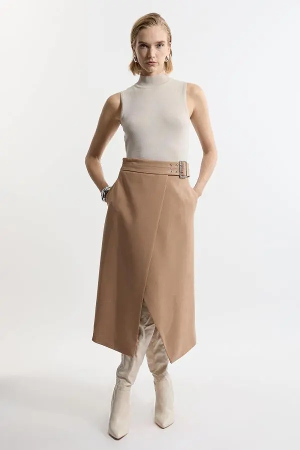 Compact Stretch Wrap Over Belted Tailored Maxi Skirt - Camel
