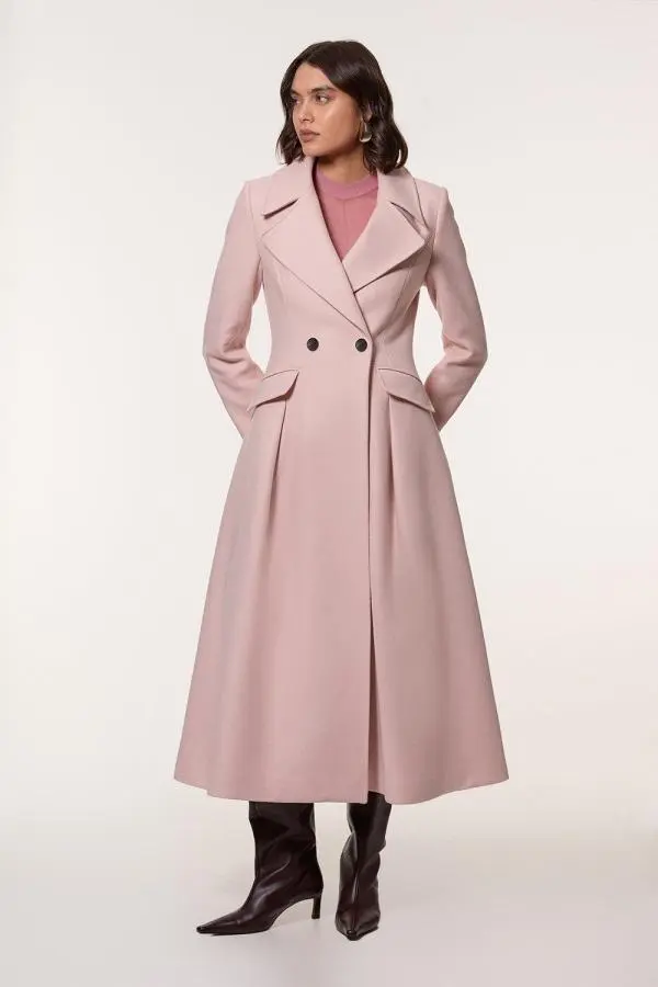 Italian Manteco Wool Blend Tailored Flared Skirt Maxi Coat - Pink