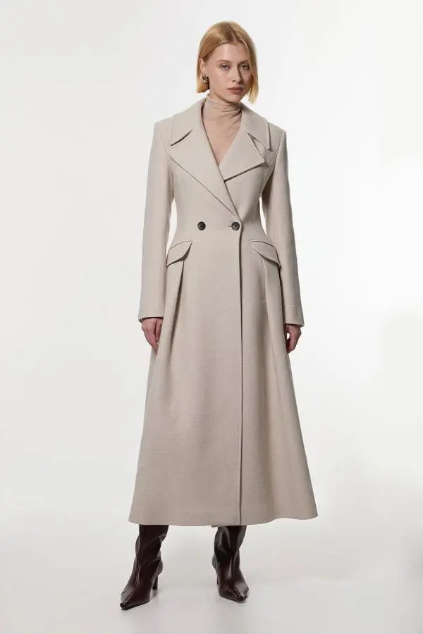 Italian Manteco Wool Blend Tailored Flared Skirt Maxi Coat - Oatmeal