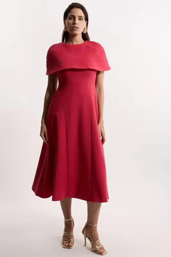 Compact Stretch Cape Sleeve Full Skirt Tailored Midaxi Dress - Red