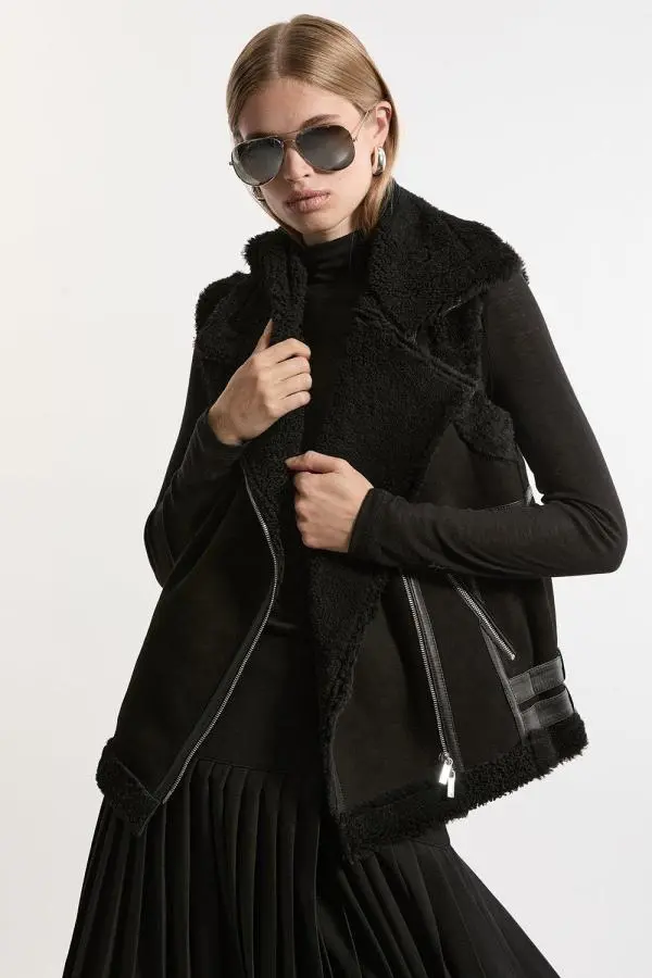 Shearling Biker Jacket Detail Gilet - Black