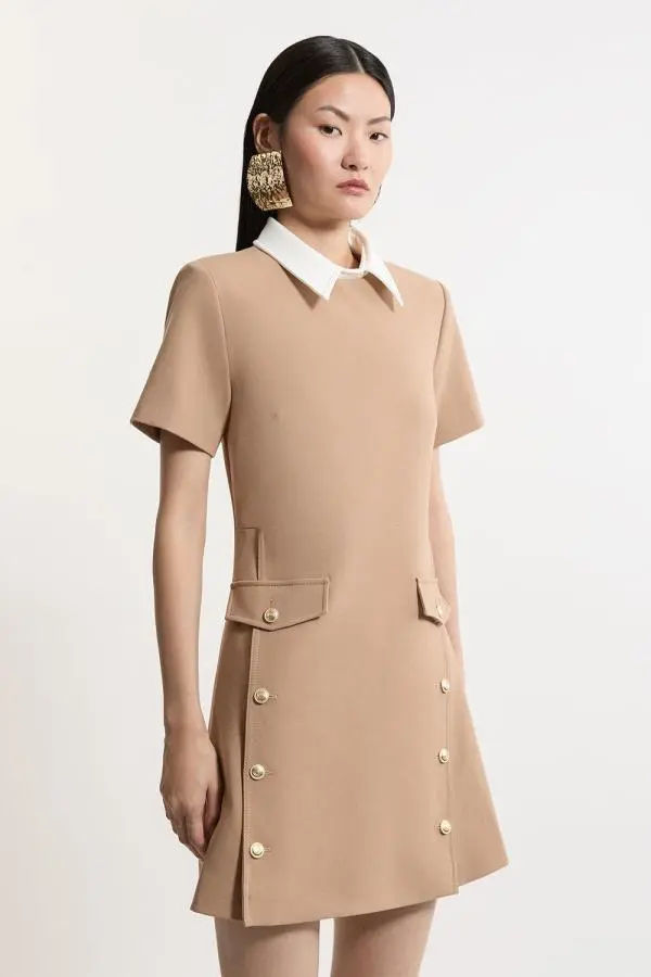 Compact Stretch Tailored Collared Button Detail Mini Dress - Camel