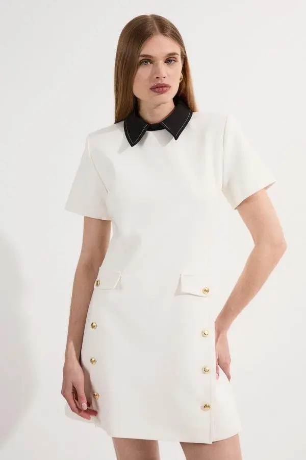 Compact Stretch Tailored Collared Button Detail Mini Dress - Ivory