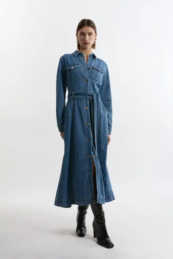 Denim Collared Belted Maxi Dress - Mid Blue