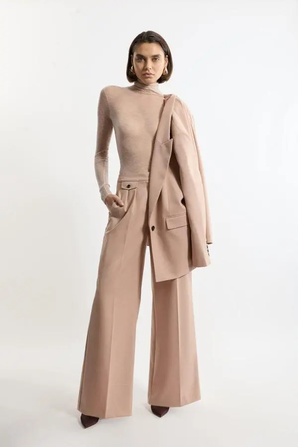 Wool Blend Tailored Wide Leg Trousers - Camel