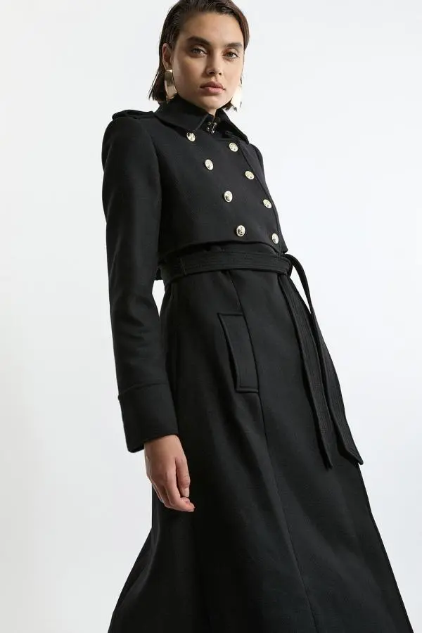 Premium Italian Manteco Wool Military Shelf Tailored Midaxi Coat - Black