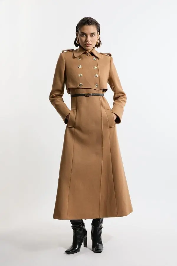 Premium Italian Manteco Wool Military Shelf Tailored Midaxi Coat - Camel