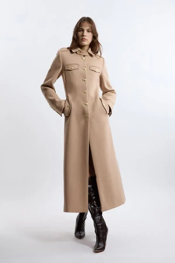 Premium Italian Manteco Wool Military Tailored Maxi Coat - Camel