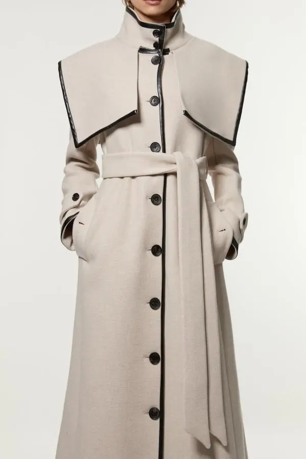 Premium Italian Wool Storm Flap Belted Tailored Midaxi Coat - Oatmeal