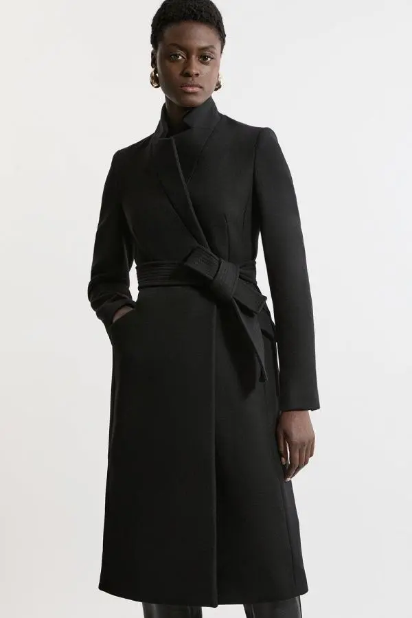 Premium Italian Manteco Wool  Notch Neck Tailored Midi Coat - Black