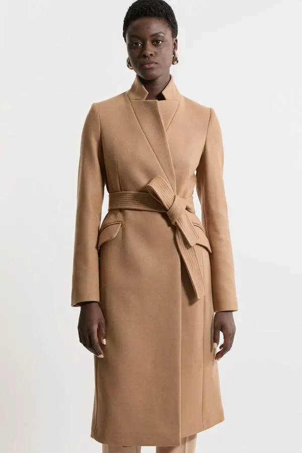 Premium Italian Manteco Wool  Notch Neck Tailored Midi Coat - Camel