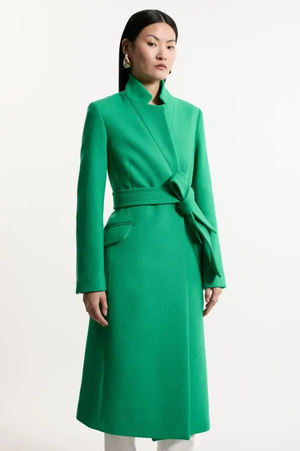 Premium Italian Manteco Wool  Notch Neck Tailored Midi Coat - Green