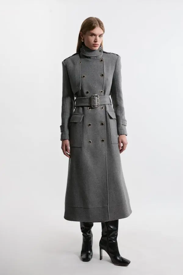 Premium Italian Manteco Wool Blend Belted Funnel Neck Tailored Midaxi Coat - Grey