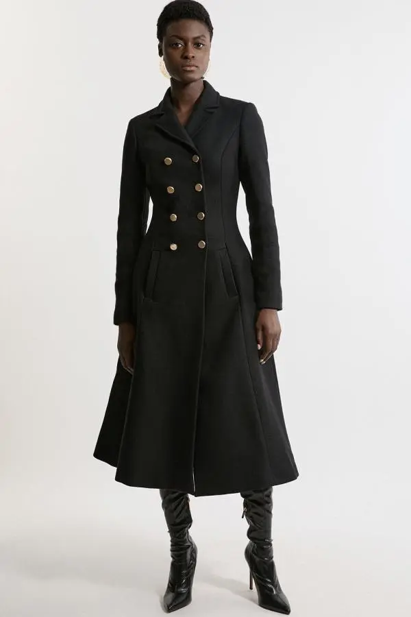 Premium Italian Manteco Wool Military Full Skirted Tailored Midaxi Coat - Black