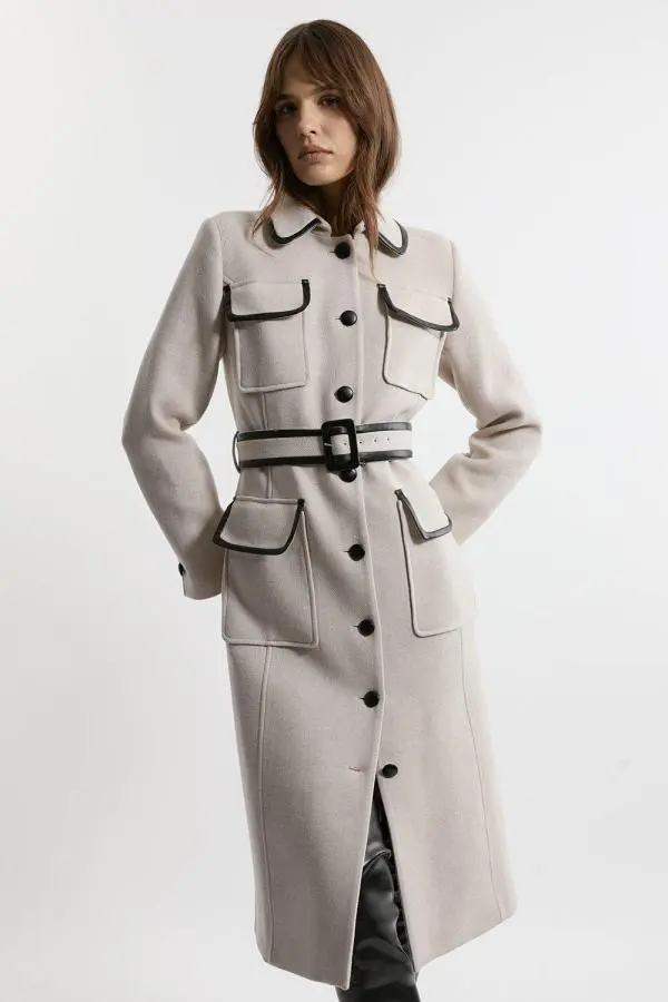 Premium Italian Manteco Wool Pocket Detail Belted Pu Tipped Tailored Midi Coat - Oatmeal