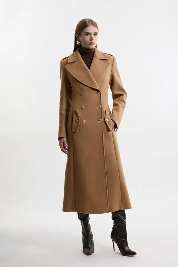 Premium Italian Manteco Wool Military Double Breasted Tailored Midi Coat - Camel
