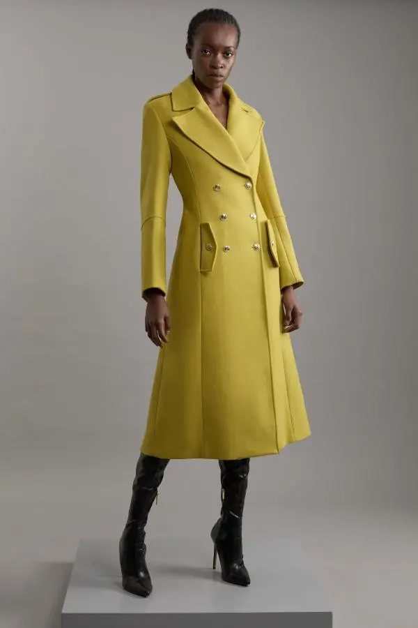 Premium Italian Manteco Wool Military Double Breasted Tailored Midi Coat - Yellow