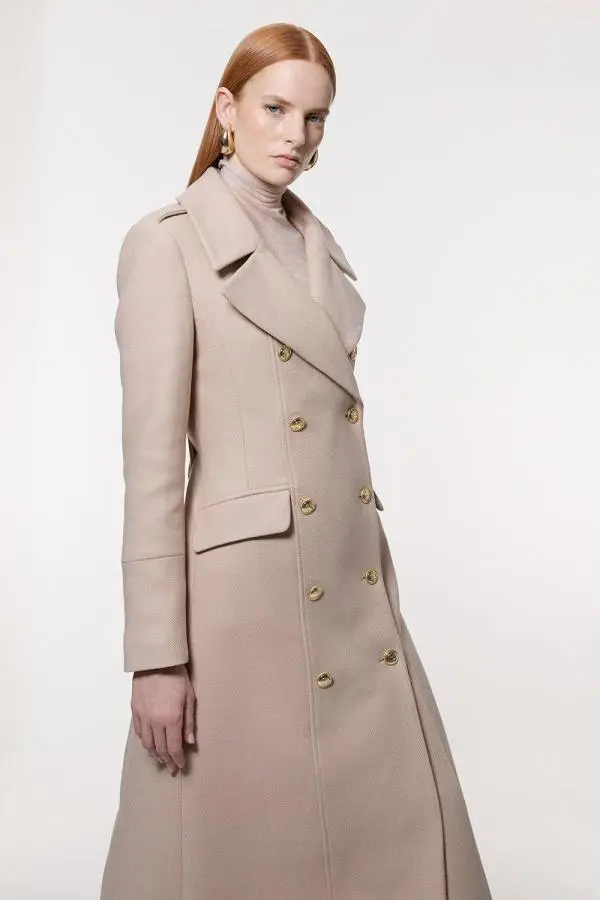 Premium Italian Manteco Wool Military Double Breasted Tailored Midi Coat - Oatmeal