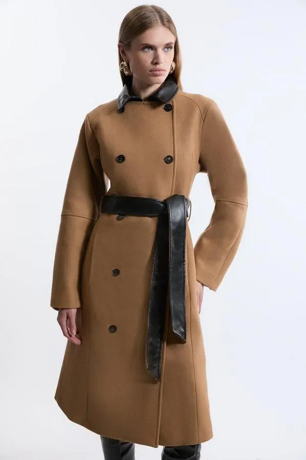 Premium Italian Manteco Wool Rounded Sleeve Belted Tailored Midi Coat - Camel