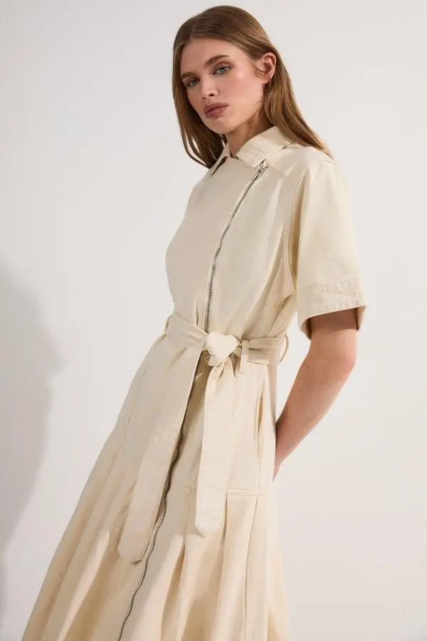 Denim Pleated Hem Biker Dress - Cream