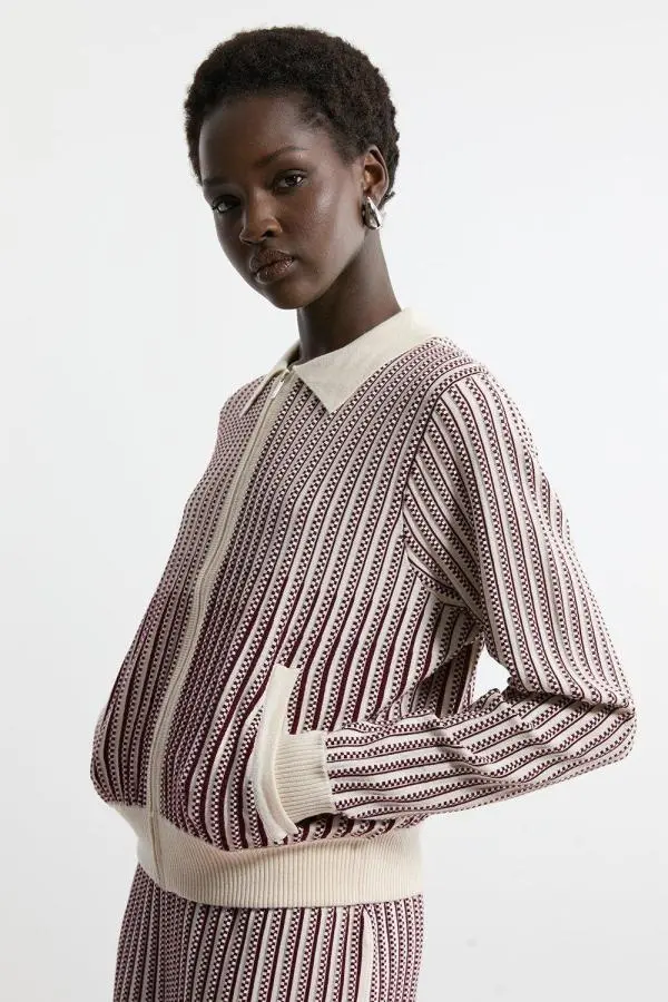 Shrunken Jacquard Knit Jacket Pu With Collar - Red