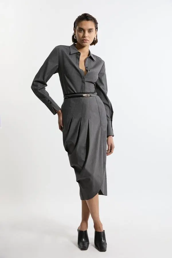 Wool Blend Pleated Detail Tailored Midi Skirt - Grey