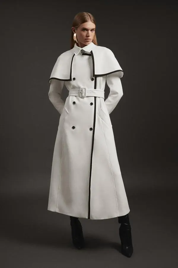 Tailored Contrast Tip Detail Cape Trench Midi Coat - Ivory