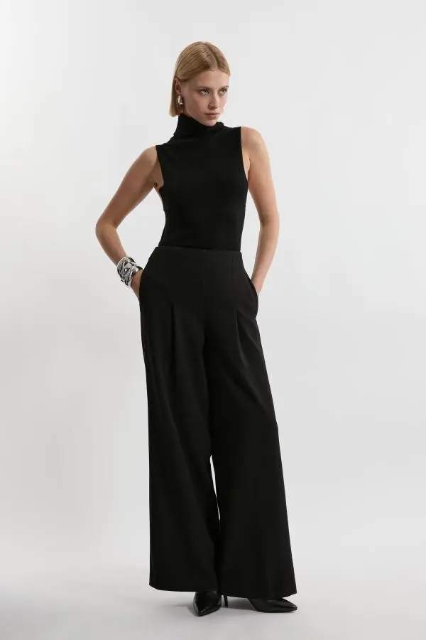 Compact Stretch Essential Wide Leg Tailored Trouser - Black