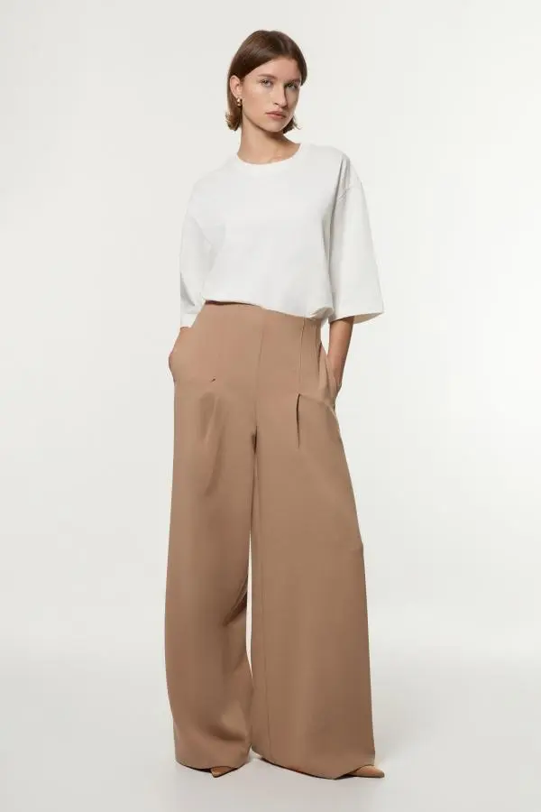 Compact Stretch Essential Wide Leg Tailored Trouser - Camel