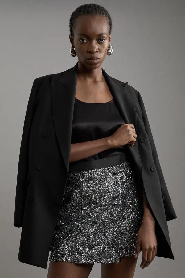 Sequin Tailored Wrap Over Mini Skirt - Grey