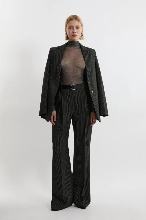Pinstripe Tailored Detail Trouser - Black