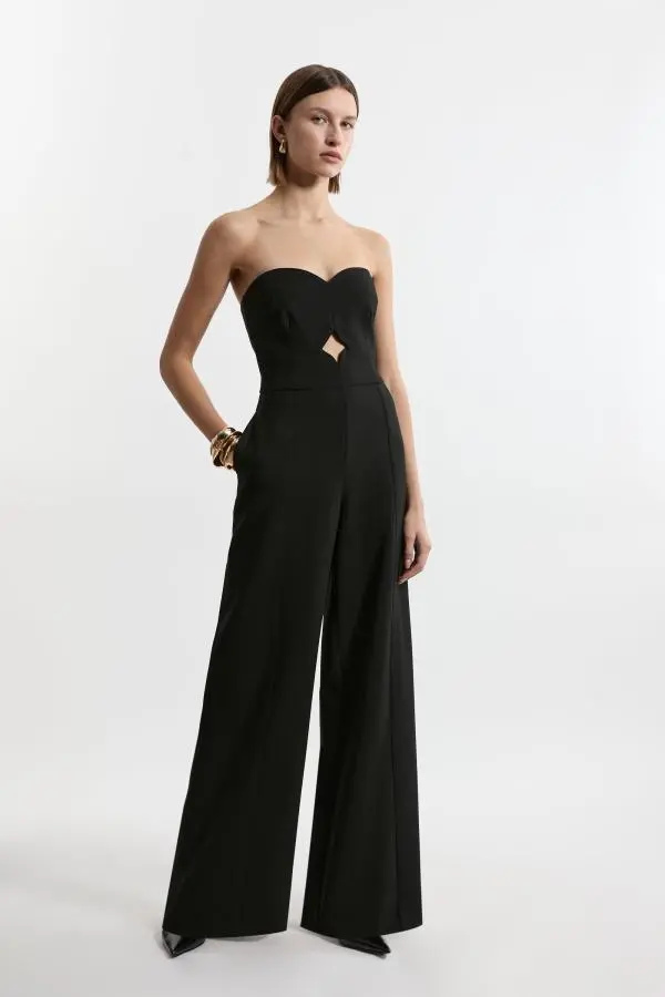 Compact Stretch Bandeau Tailored Wide Leg Jumpsuit - Black