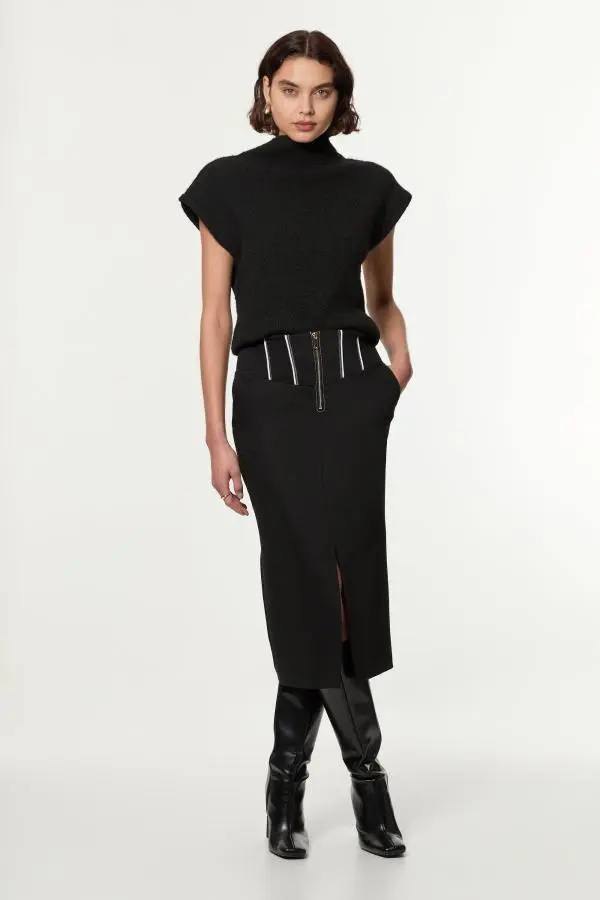 Tailored Contrast Tipped Stitch Detail Midi Skirt - Black