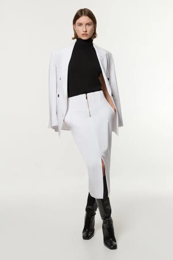 Tailored Contrast Tipped Stitch Detail Midi Skirt - Ivory
