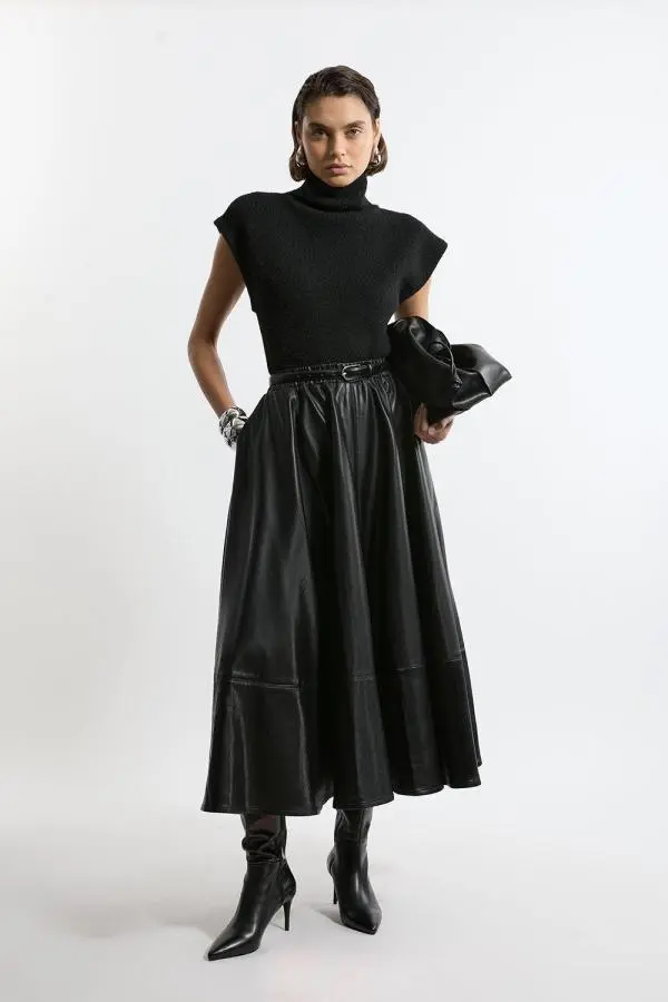 Faux Leather Full Maxi Skirt - Black