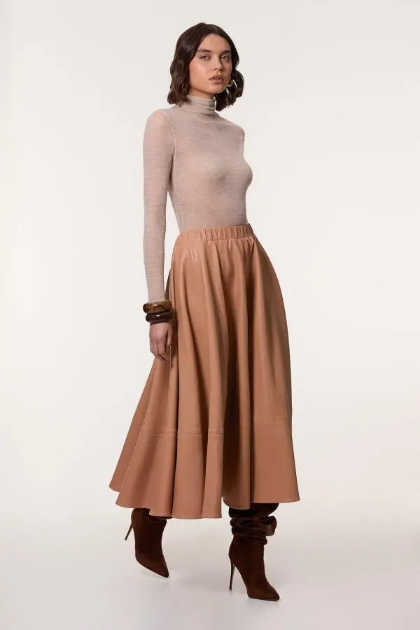Faux Leather Full Maxi Skirt - Camel